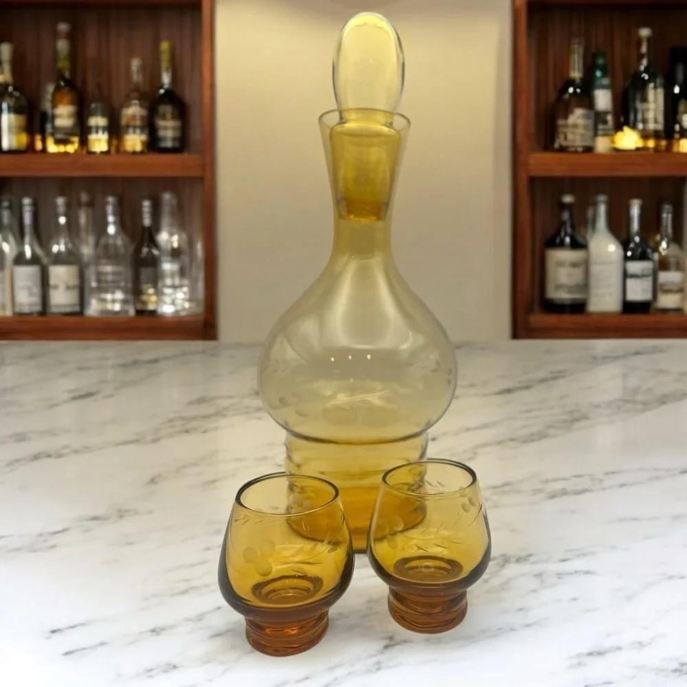 Vintage Mid-Century Etched Elegant Amber Glass Petite Decanter/Glass Set